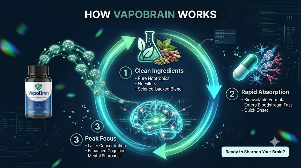 Graphic titled How VapoBrain Works with three steps: clean ingredients, rapid absorption and peak focus